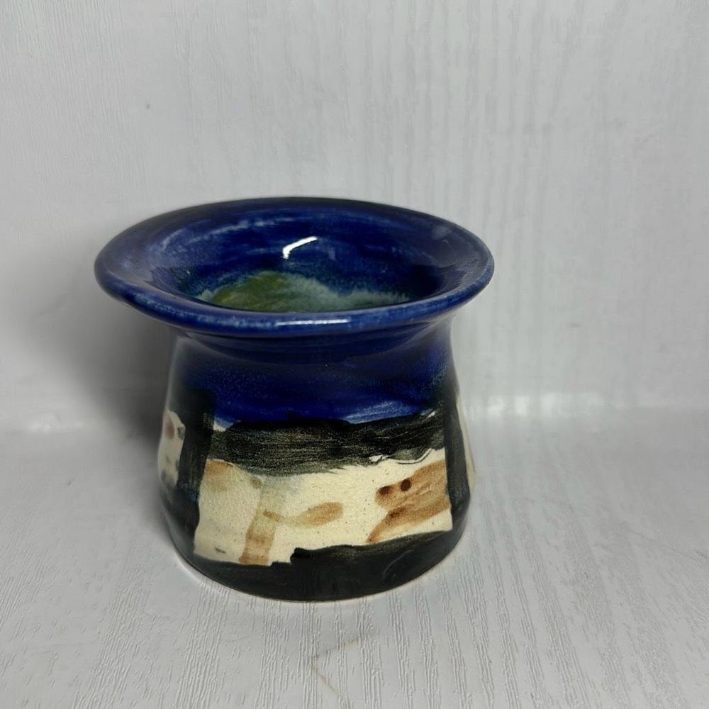 Handmade Signed Pottery Vase Small Pot Drip Glaze Blue Beige Black 2.5”‎ Height